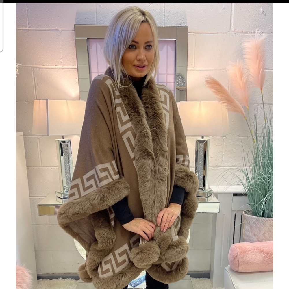 Greek Key Faux Fur Cape Brown